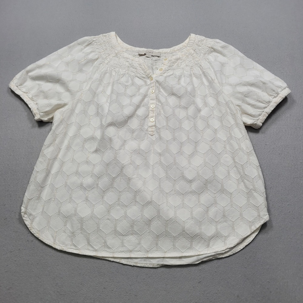 LOFT Womens White Gold Metallic Hexagon Smocked Short Sleeve Blouse L Large
